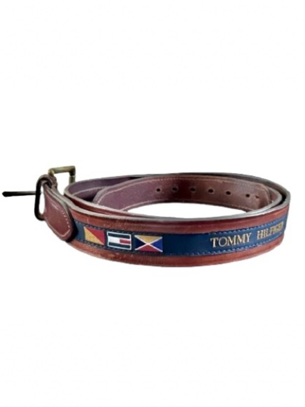 TOMMY HILFIGER L Leather Flag Nautical Belt Brown Large Size 49 Preppy